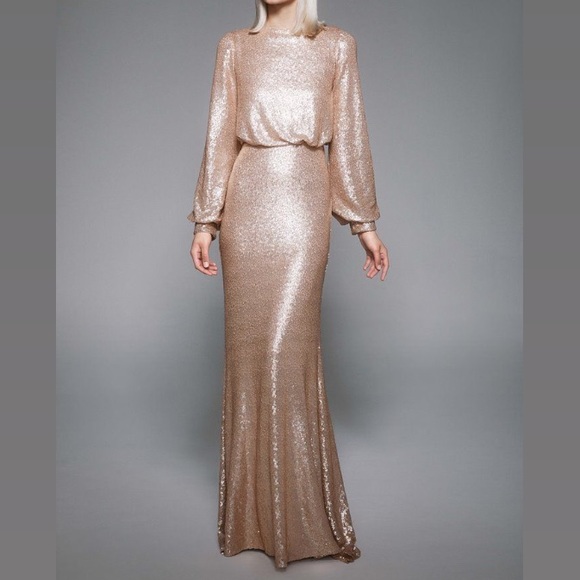 Tadashi Shoji Champagne Gold Sequin Long Sleeve Evening Dress Gown - Picture 15 of 15